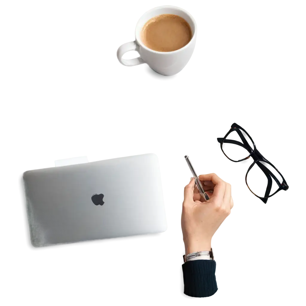 Coffee-MacBook-Paper-Notes-and-Eyeglasses-Flatlay-PNG-Organized-Workspace-Essentials-for-Professional-Use