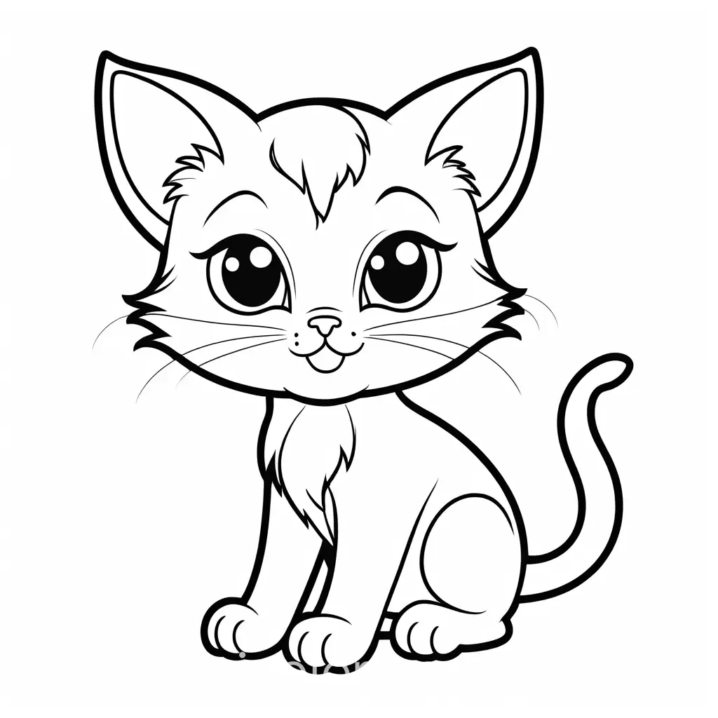 friendly cartoon character, kitten, Coloring Page, black and white, line art, white background, Simplicity, Ample White Space. The background of the coloring page is plain white to make it easy for young children to color within the lines. The outlines of all the subjects are easy to distinguish, making it simple for kids to color without too much difficulty