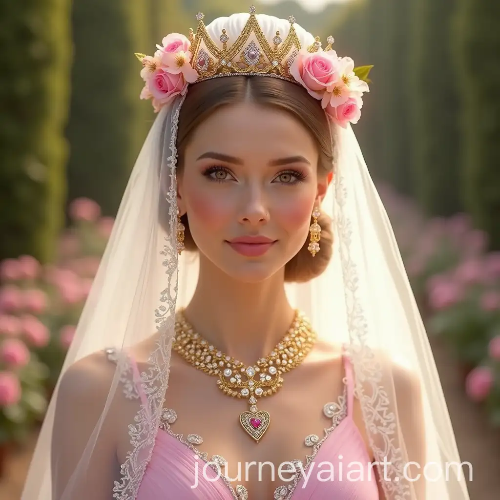 Royal-Wedding-Attire-with-Pink-Dress-and-Diamond-Accents-in-Garden-Setting