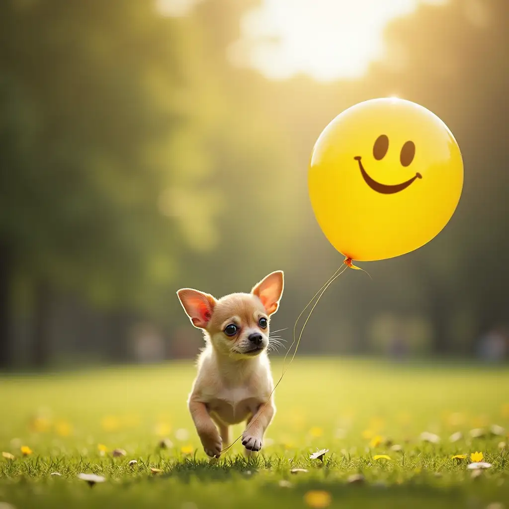 Album cover of a chihuahua puppy chasing a yellow balloon with a smiley face outside at a beautiful park