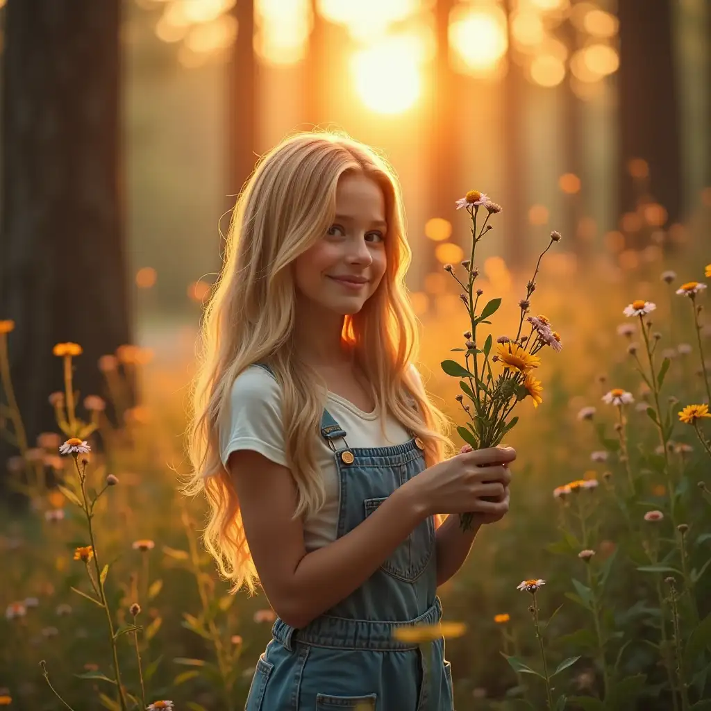 Young-Blonde-Woman-Picking-Flowers-in-a-Serene-Forest-at-Sunset