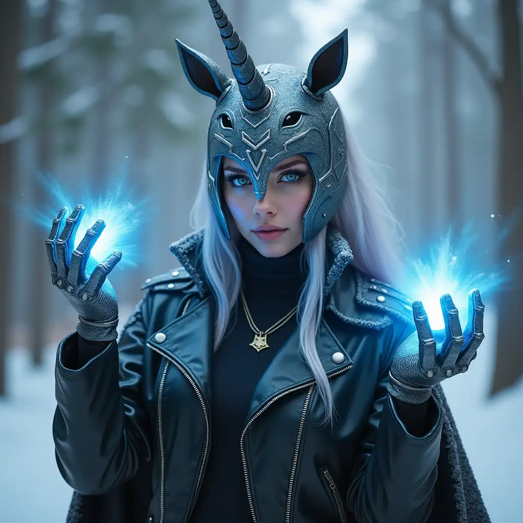 Female halfelf cyber mage, in leather jacket,and unicorn battle helmet, with one raised silver cyberhand, casting ice spell, realizm