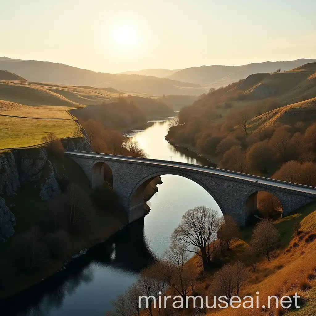 Massive Stone Bridge Over Quiet River in Expansive Rural Landscape