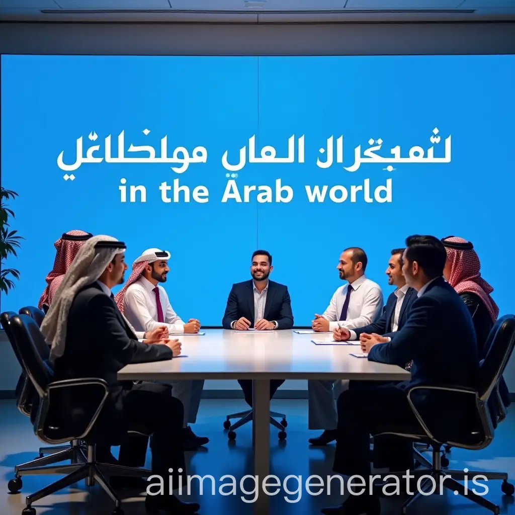 A group of seven Middle Eastern business professionals (four men and three women) are sitting around a conference table in a modern office setting. They are wearing formal business attire and discussing seriously. Behind them is a large blue wall screen with bold white Arabic text that clearly says: “The world of investment in the Arab world.” The Arabic text is the main focus on the screen and should be clearly readable and centered.