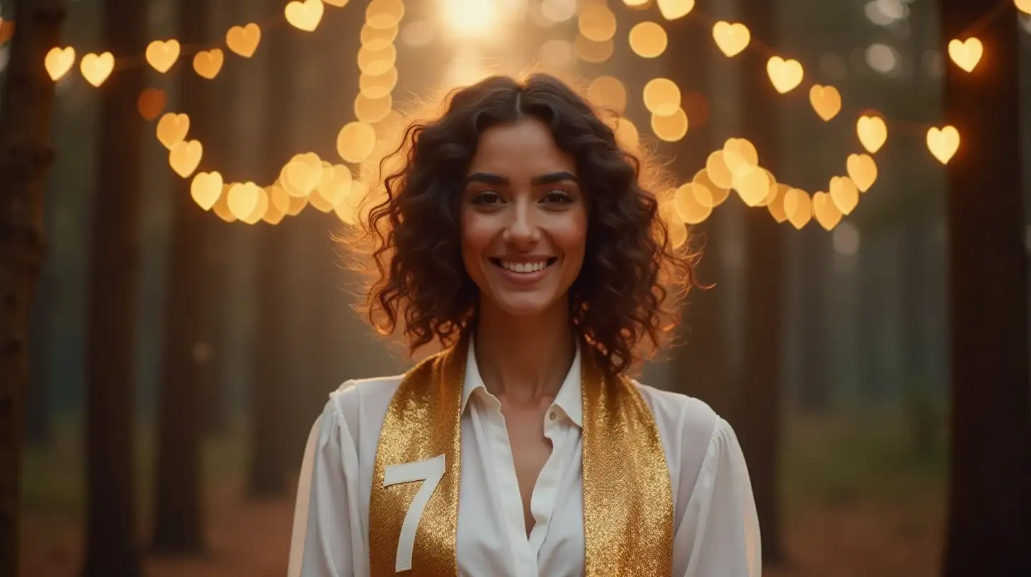 Elegant Latin Woman in Magical Christmas Forest with HeartShaped Bokeh Lights