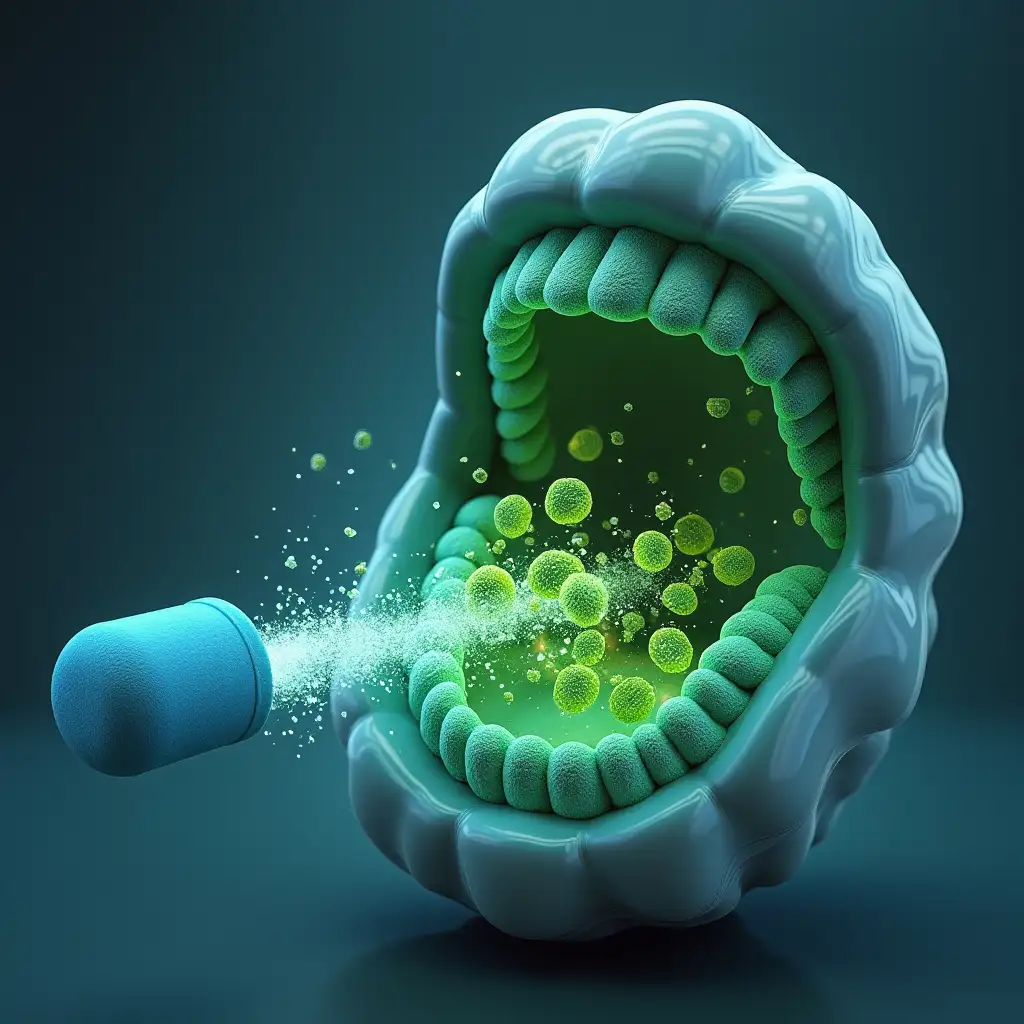 A 3D image of harmful bacteria inside the mouth, appearing green and aggressive. A glowing blue ProDentim probiotic capsule releases tiny particles that kill the bacteria.