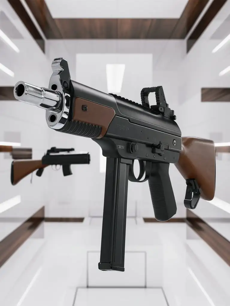 Legendary-9mm-Submachine-Gun-with-Modern-White-Background-and-Wooden-Accents