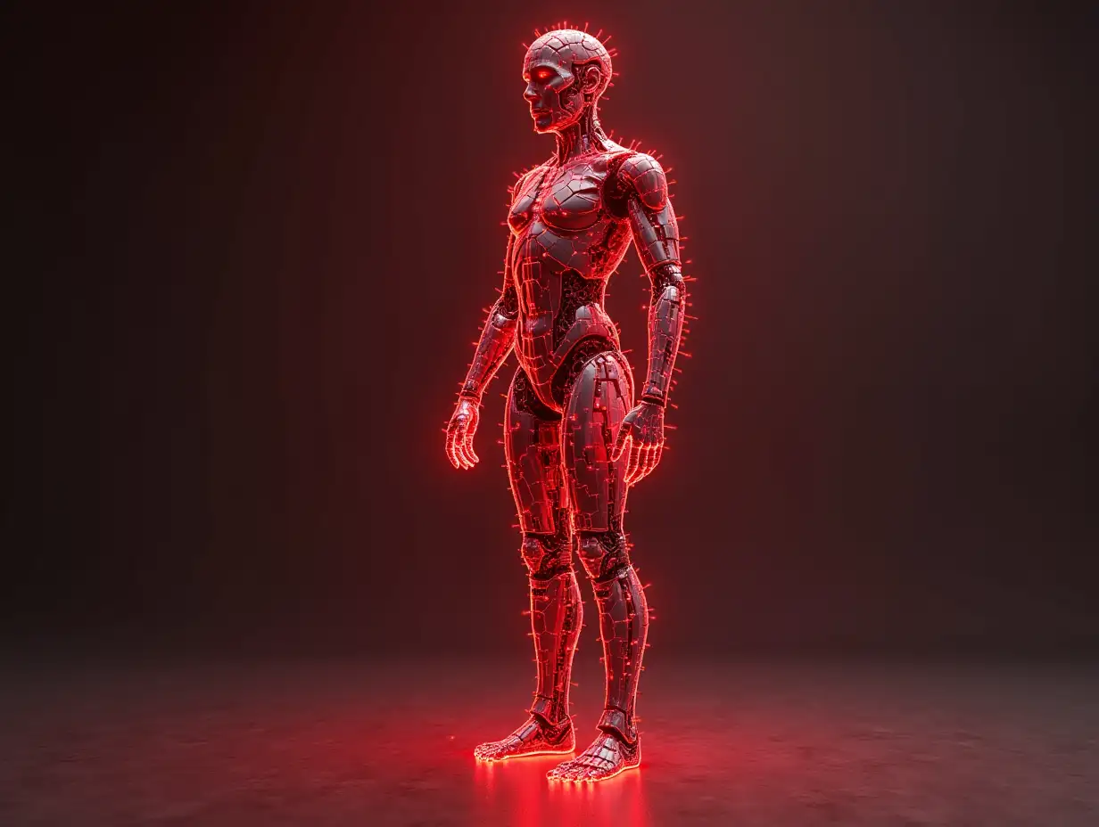 Create a high-resolution, realistic image of an artificial intelligence Fractal colored redFractal humanoid robot, on the photo studio floor at 4-k resolution.