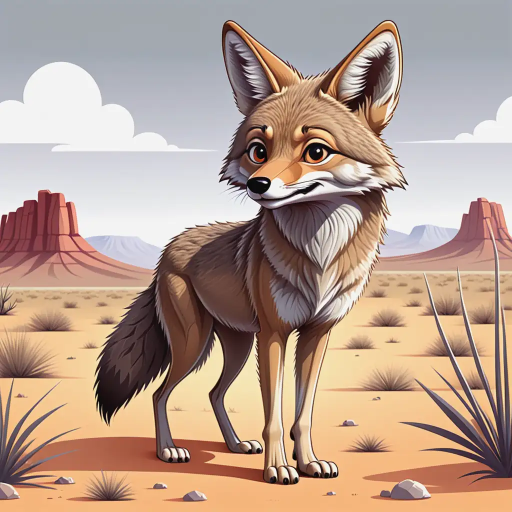 Adorable Kawaii Coyote Illustration in Vibrant Desert Landscape