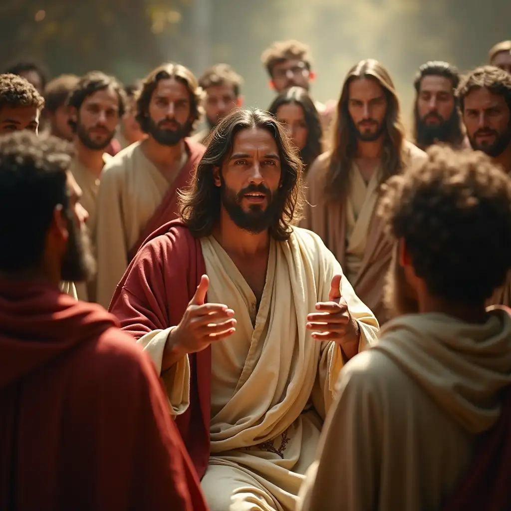 The disciples of Jesus are gathered around him, attentive and involved. Jesus speaks with gentleness and authority, using gestures of his hands to underscore his words. With calm and significant movements, he invites listening, reflection and trust, while his gaze transmits love and compassion.