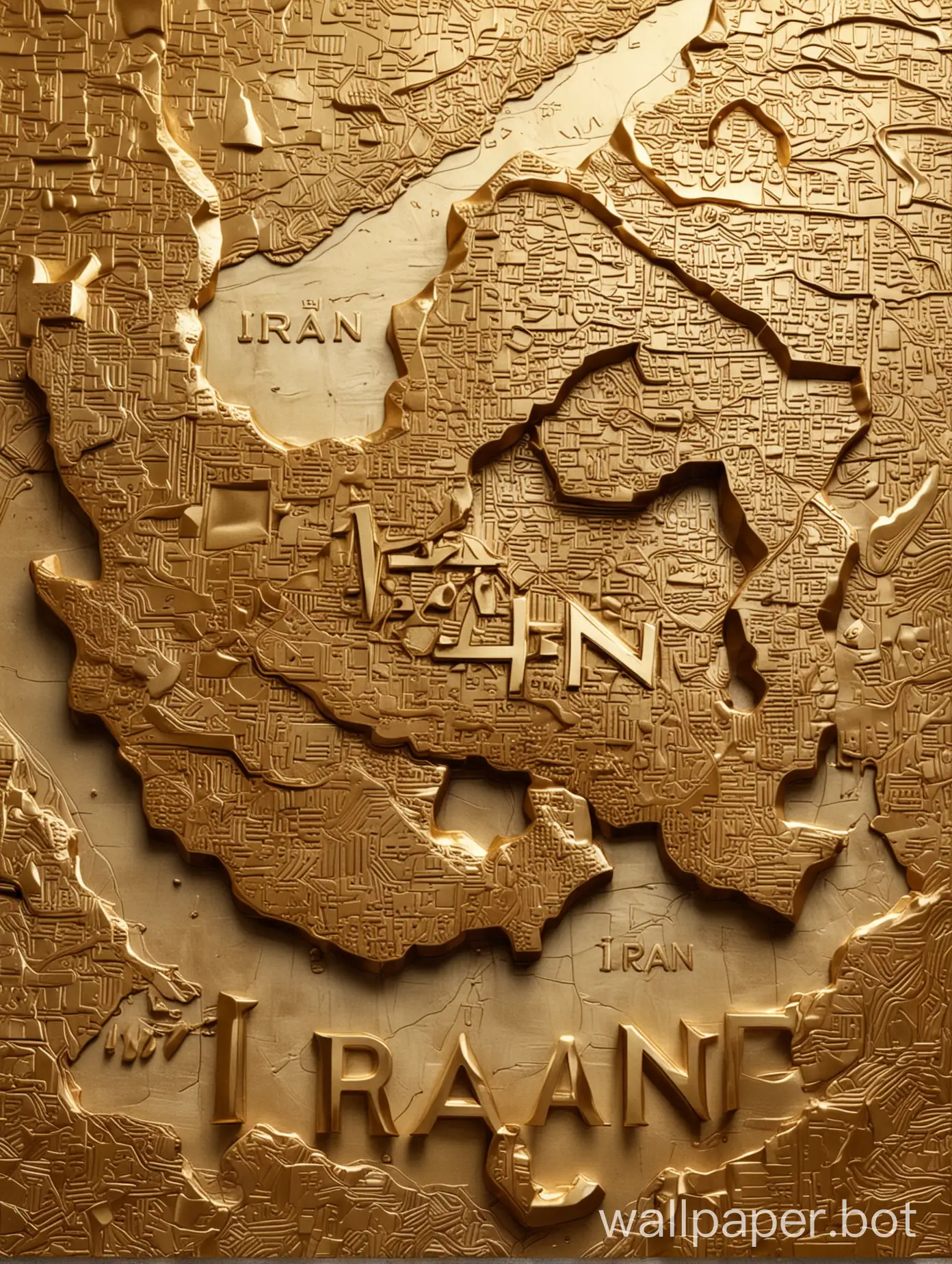 An abstract artwork featuring a metallic gold surface with a raised relief of the map of Iran. The map stands out prominently, with the word "Iran" sculpted in raised letters on it. This scene...