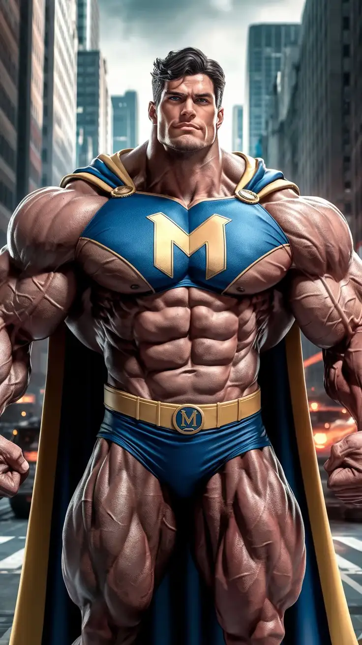 A hugely ripped musclegod with awesome superpowers. Confident, reverent, heroic. 27 years old. Photorealistic.