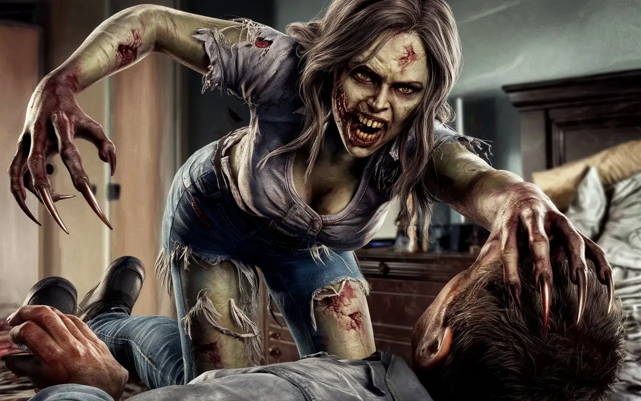 Zombie-Woman-Chasing-Prey-in-Bedroom-Inspired-by-The-Walking-Dead