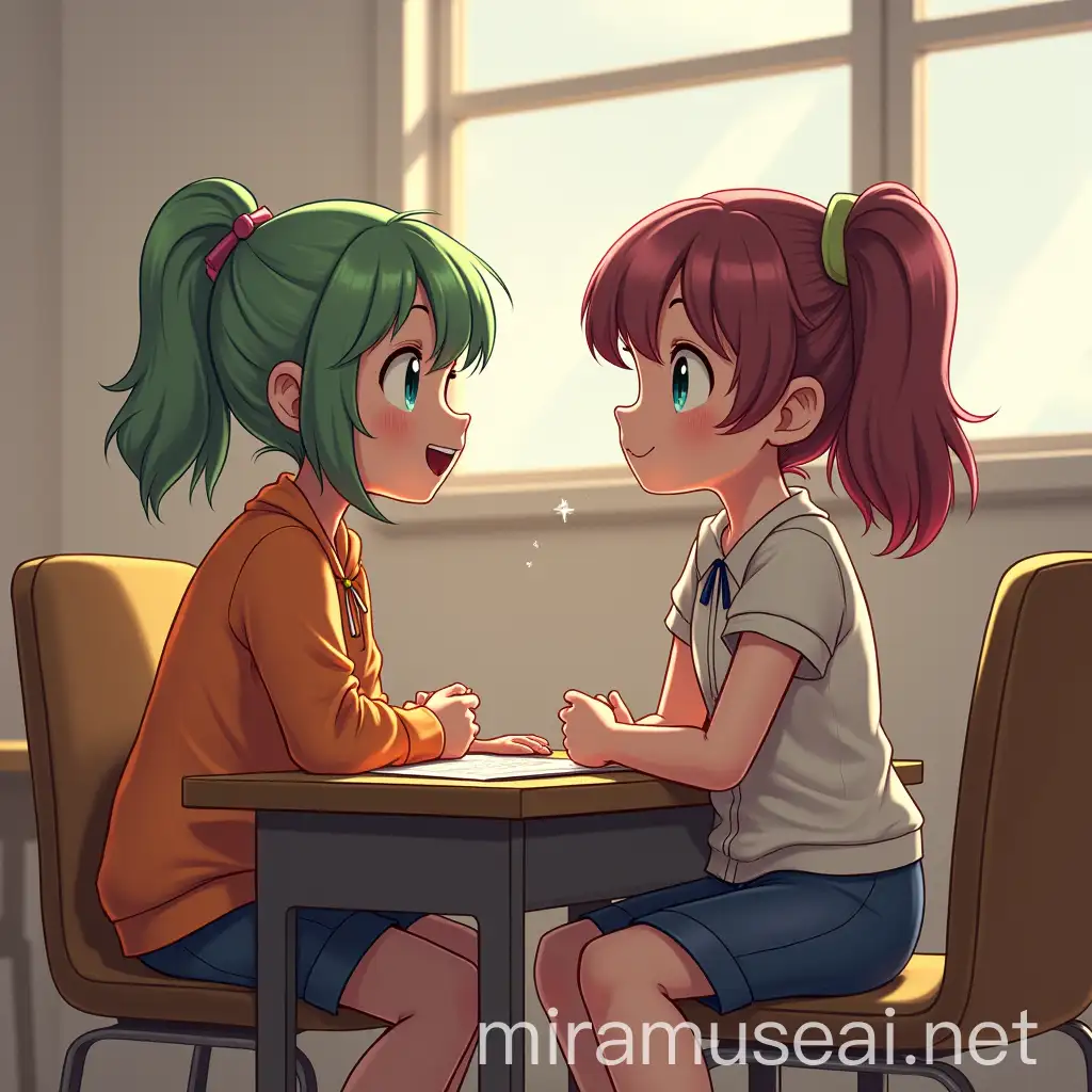 Two Girls Chatting in Classroom Chairs