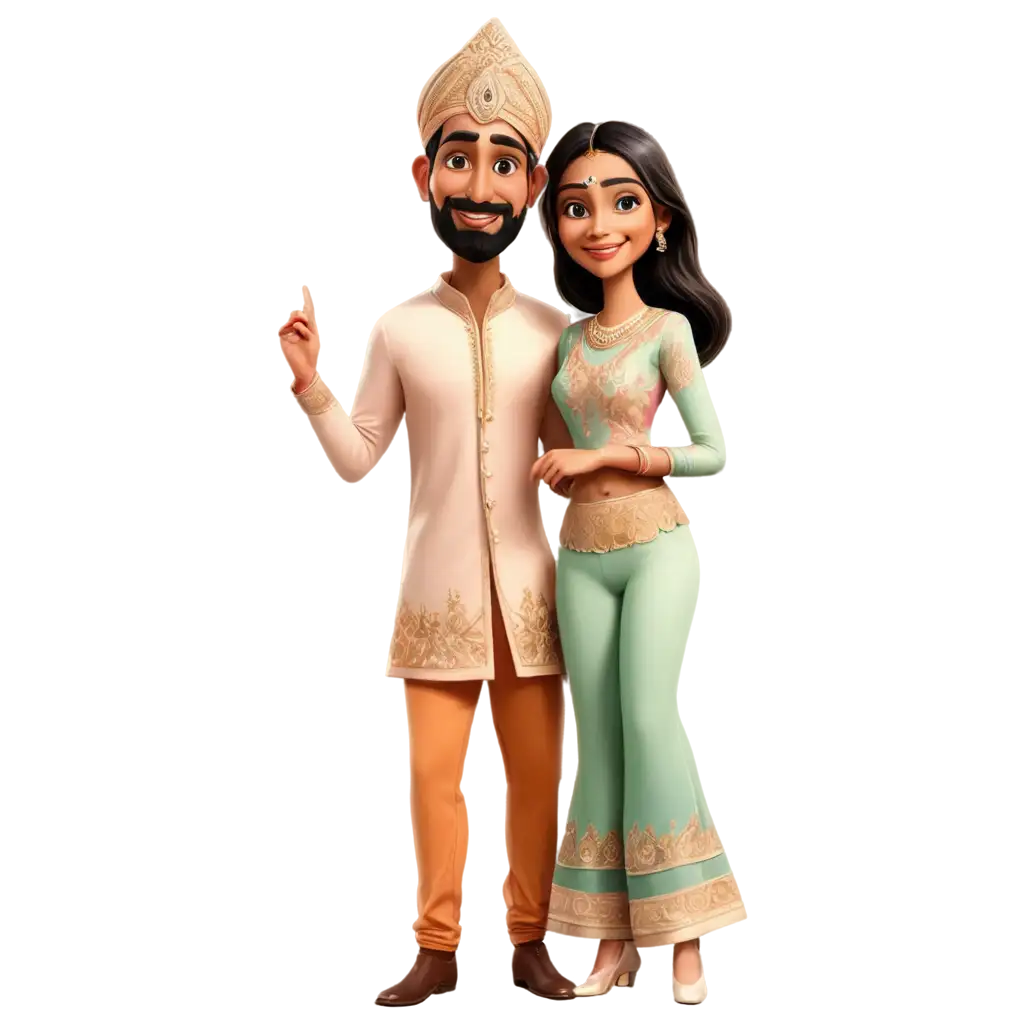 FullLength-Caricature-of-a-Couple-in-PastelColored-Traditional-Indian-Outfits-PNG-Image