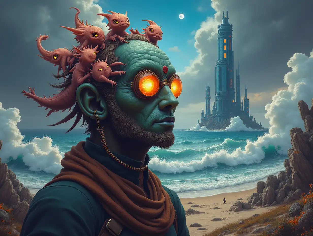 Hyperrealistic portrait of a multiverse time traveler with different alien creatures. Carefully detailed, colorful oasis with dark clouds and a futuristic glass tower in the background, and a sea with giant waves