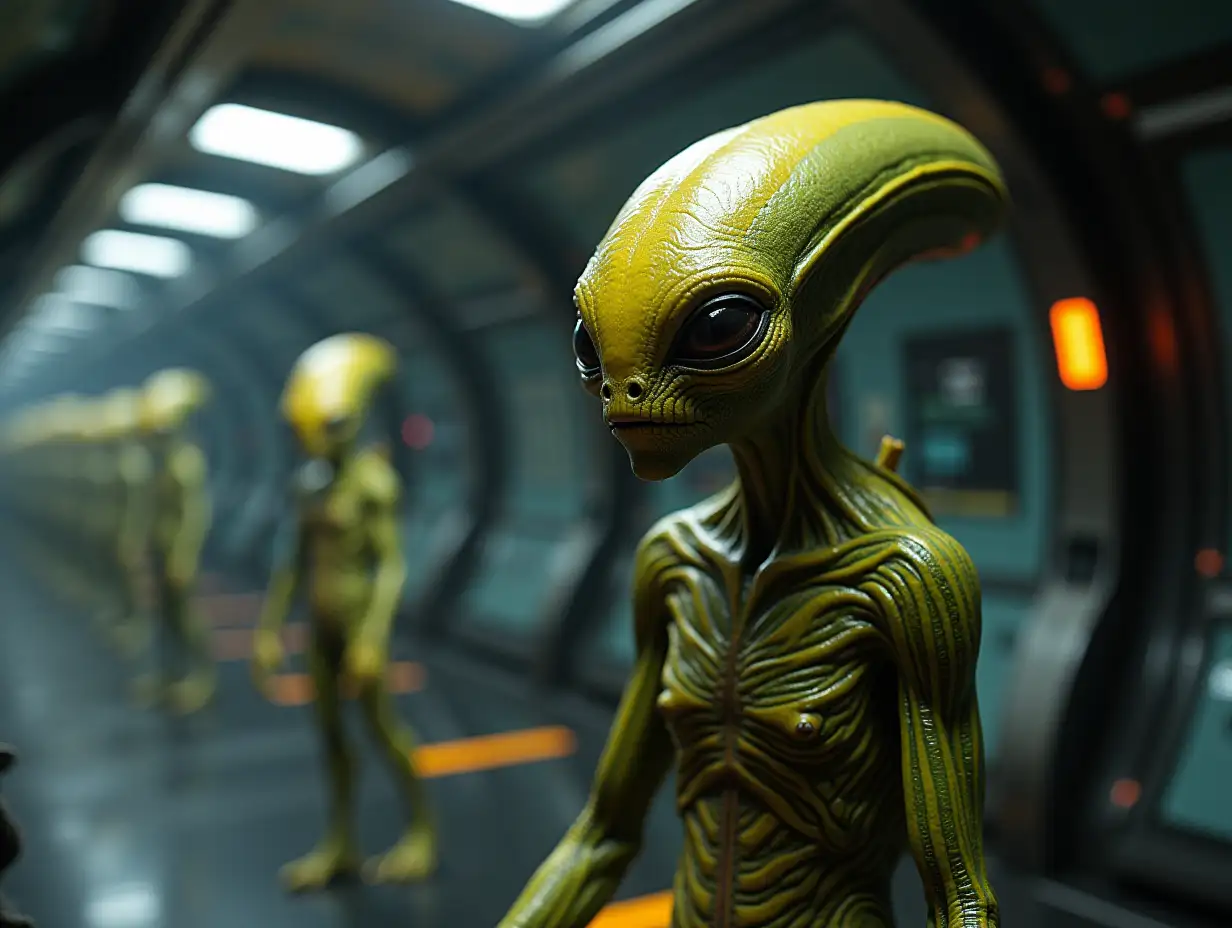 Alien with yellow, green striped skin in a large spaceship hdr