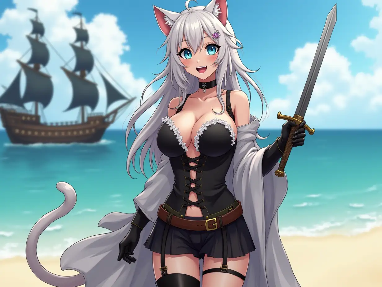 A mature adult feline/woman dressed as a pirate with a sword on a beach.  A pirate ship in the background. Her 30-something years are disguised by her youthful facial features, except for her subtle wrinkles around the eyes, extremely slender body. Her ample bosom strains against her clothing, threatening to burst free from the fabric, extreme cleavage.  Wearing black thigh high pirate boots. She has piercing blue cat eyes. A choker adorns her neck, a subtle hint at her feline nature. Her long, white hair cascades down her back like a wild waterfall, tangled and disheveled. Her cat-like teeth glint in the light, as her white fur-lined ears punctuate her visage with sparkling black and gold earring adorns each ear, adding a touch of elegance to her feline features. Cat whiskers on her face. The attached tail at the base of her spine stirs lazily.  Long fingernails. Full body view. Anime.