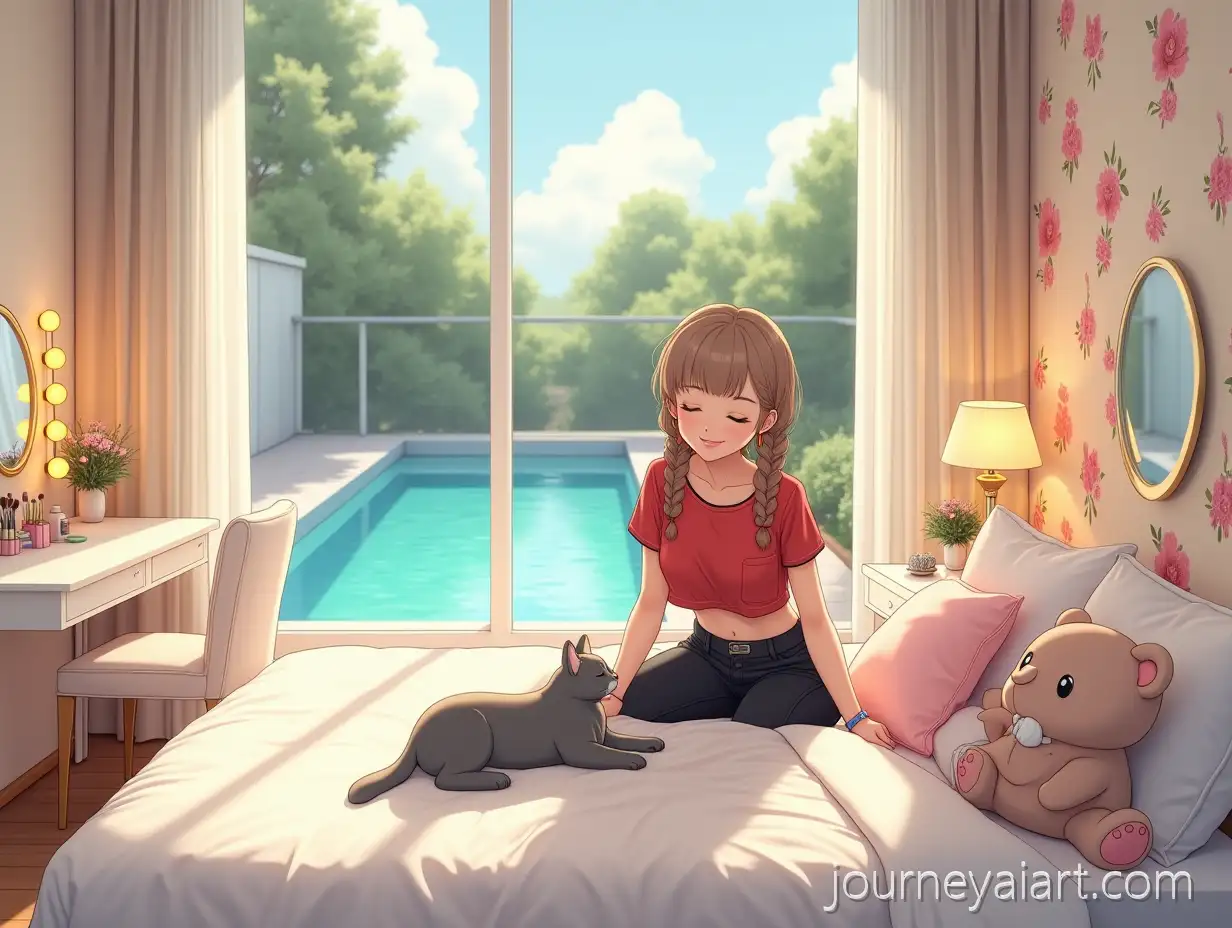 CoCozy-modern-bedroom-scenezy-Modern-Bedroom-with-Scandinavian-Decor-and-Cat-Featuring-a-Girl-in-Twin-Braids