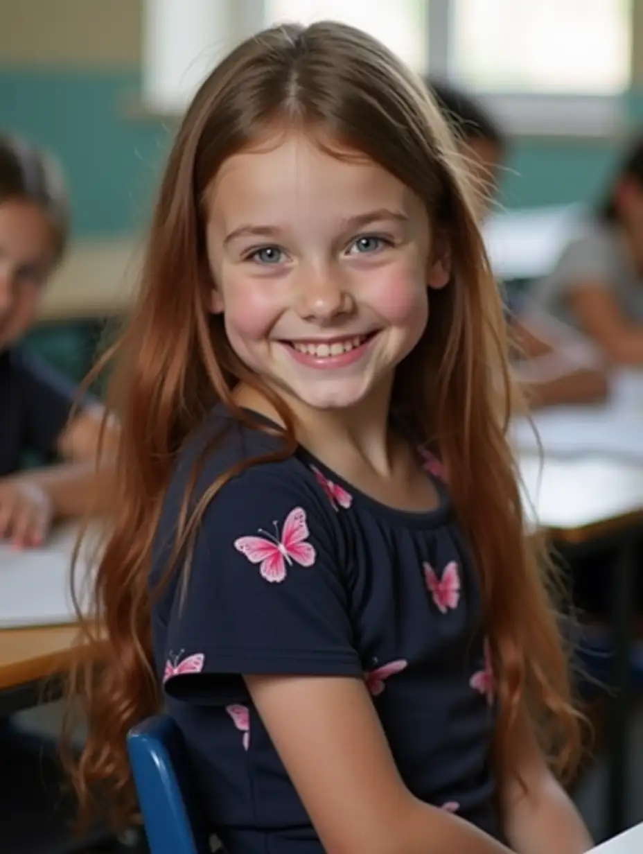 Young-Girl-with-Brown-Hair-in-a-ButterflyPatterned-Top-Smiling-in-Classroom