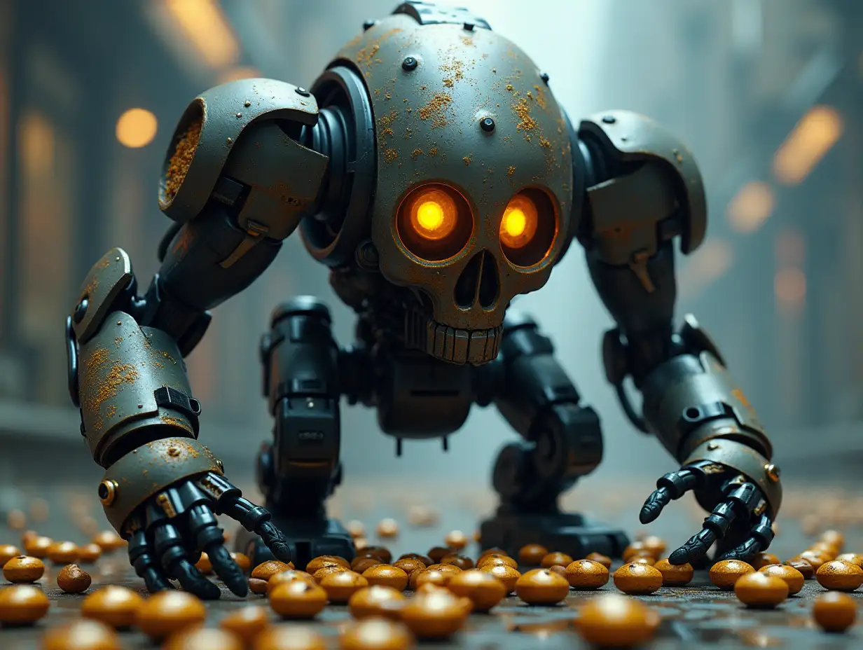 Create a high-resolution, realistic image of the artificial intelligence  50 monster robots with glass heads, screws made of gold  with many grenades on the floor,on the Veus  with aliens 4k resolution with