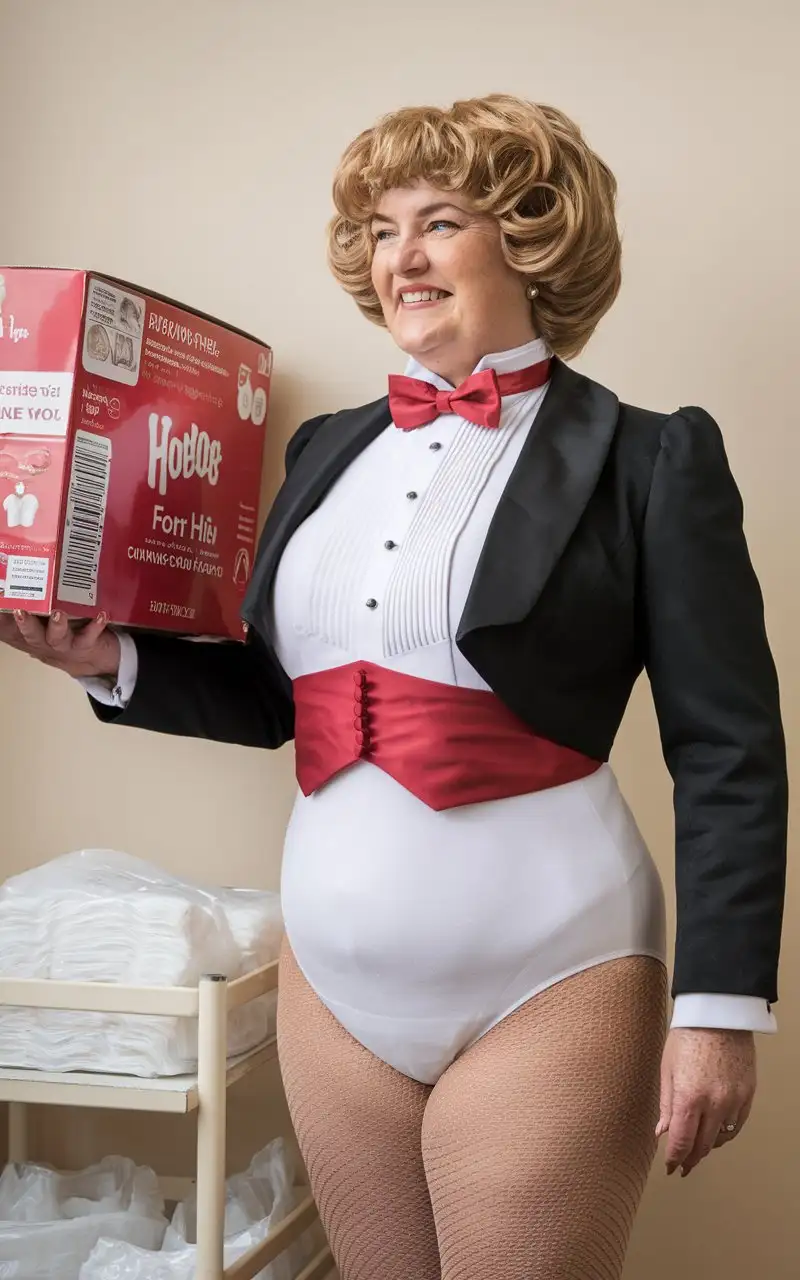 Caucasian-Woman-in-Concert-Tuxedo-Holding-Diapers-in-Nursery