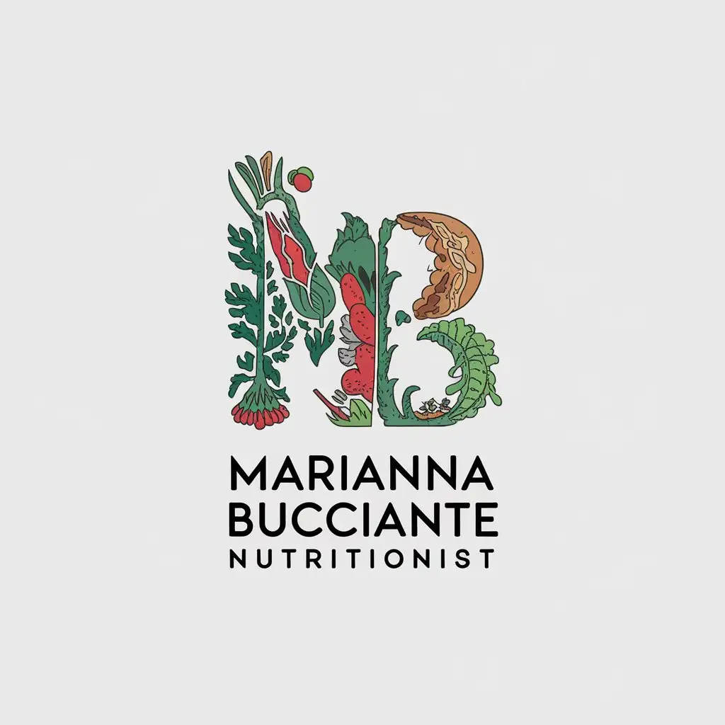 a vector logo design,with the text "Marianna Bucciante Nutritionist", main symbol:foglia/MB,complex,be used in Education industry,clear background