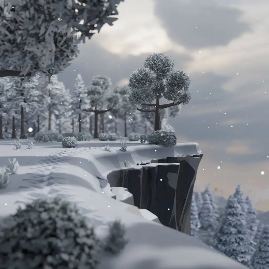 Cartoon-New-Year-Snowy-Forest-Cliff-Scene-with-3D-Animation-Style