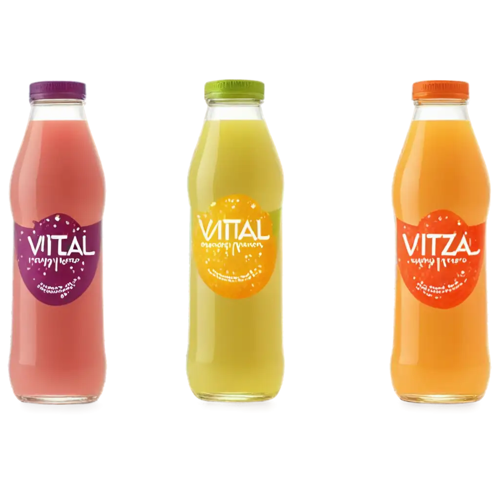 sparkling healthy drinks called Vital Fizz, a concept of soda style drink, but completely natural (100% fruit juice), this company will have flavors such as Lemon, Orange and Mango with Passionfruit.The packaging I want something unique like square bottles with the name of the company and each flavor a different color like: lemon=green , orange=orange and Manga with Maracujá =colors that match these two fruits | I also want you to put the packaging of each one