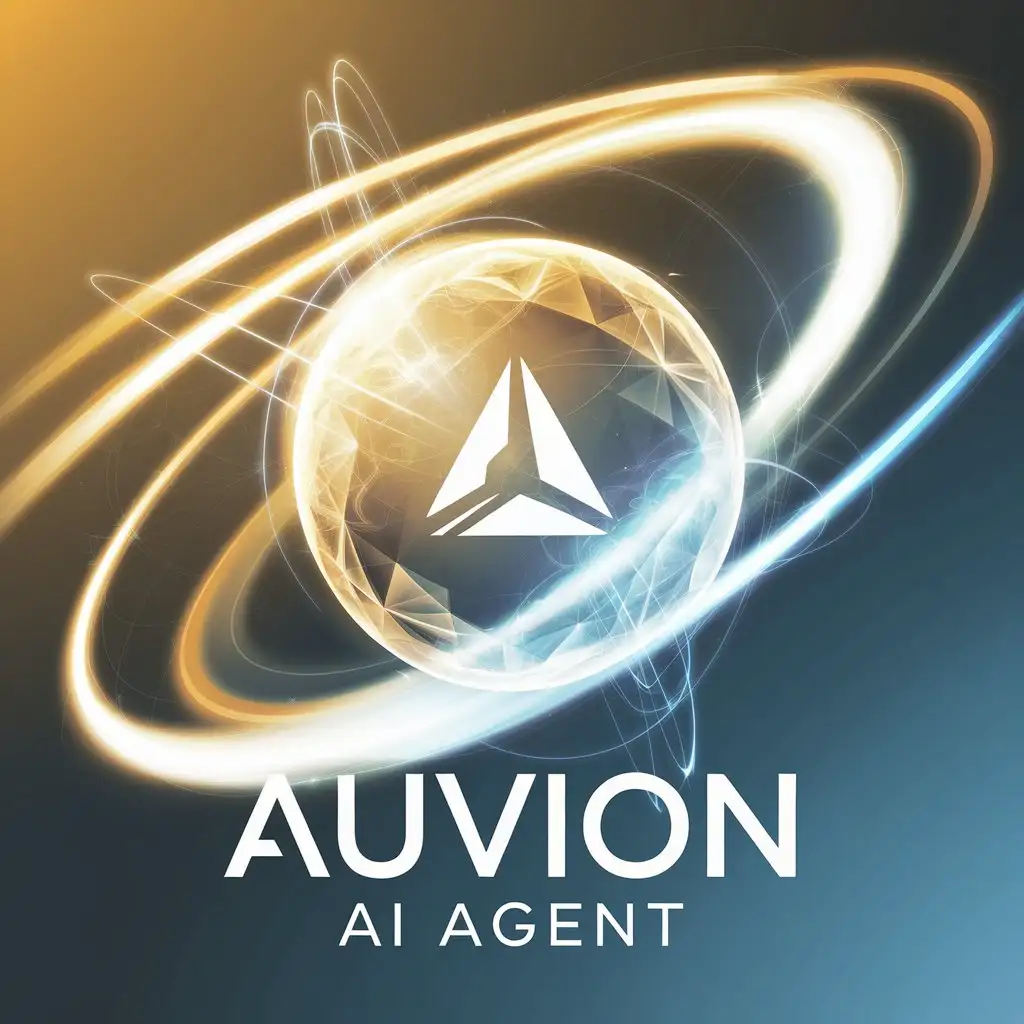 LOGO Design for Auvion AI Agent Radiant Orb with Glowing Arcs and Vibrant Gold White Azure Palette