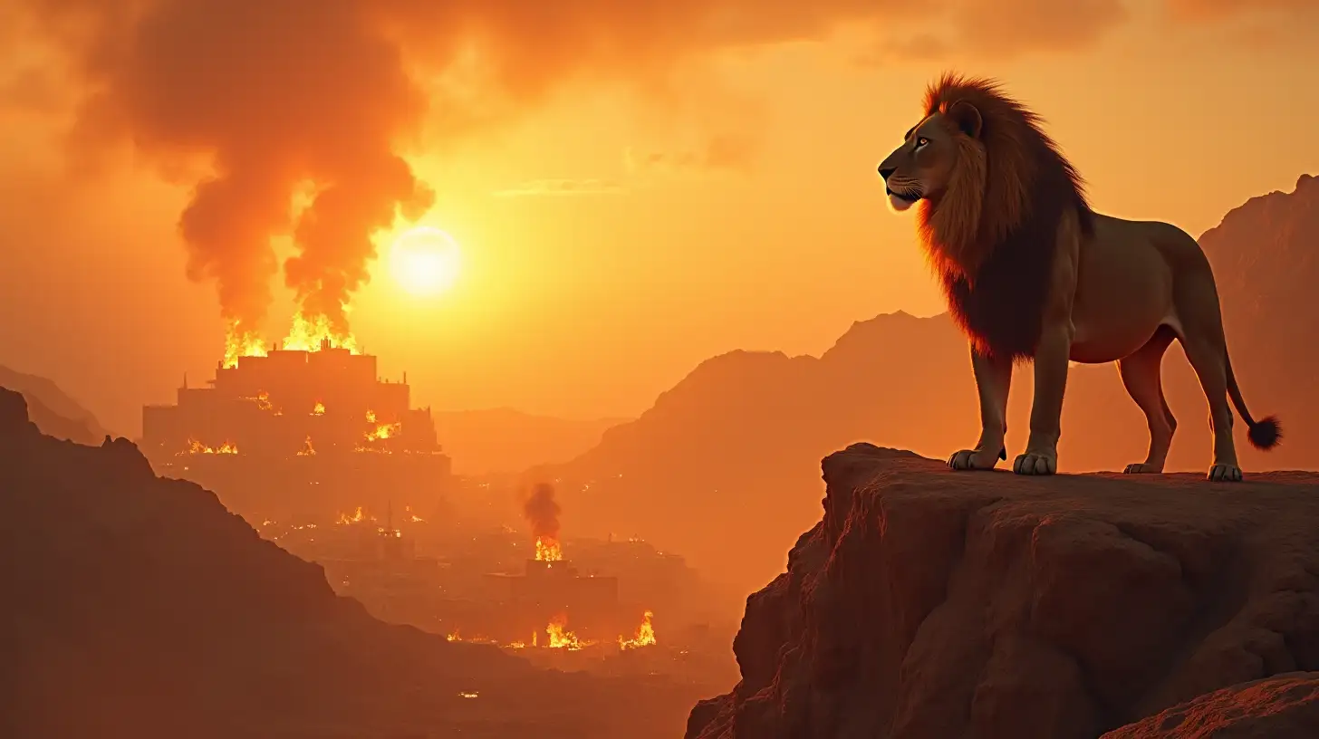 Lion on Mountain Overlooking Burning Biblical City