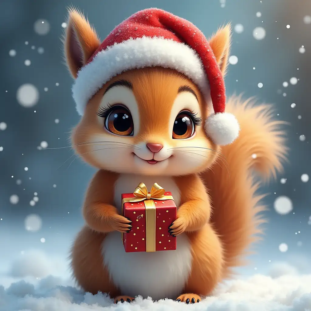 Fluffy-Christmas-Squirrel-with-Shimmering-Gift-in-Magical-Winter-Setting