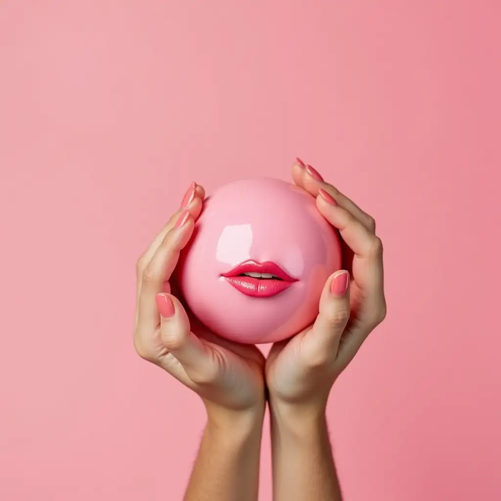 NFT single-toned pink background color, female hands holding a small ball light pink color, in the ball women's lips, art, masterpiece, tenderness