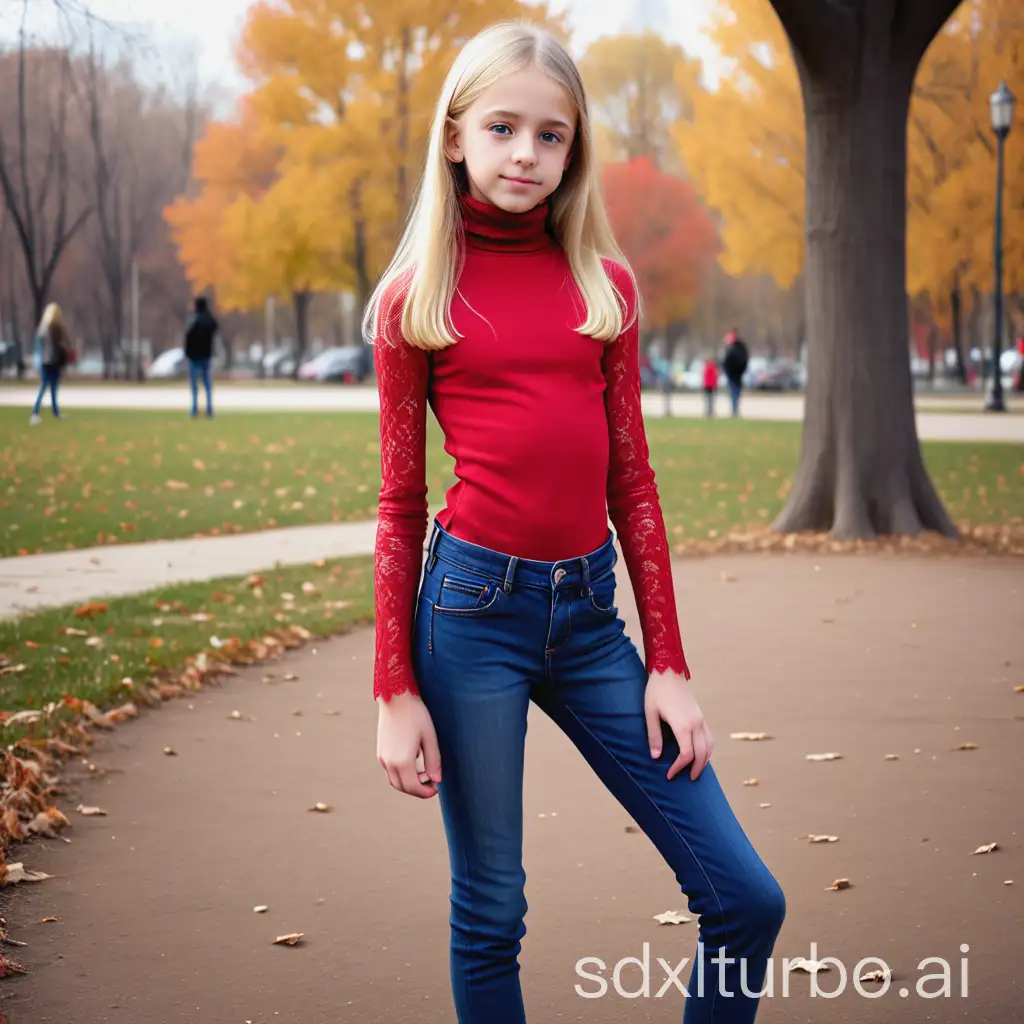 Preteen blonde tall girl, detailed, high resolution photo,skinny jeans,thin lace red high turtleneck at the  park