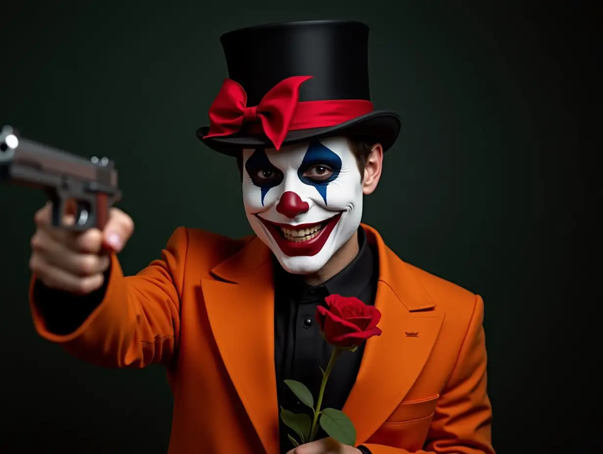 Clown with thin white face paint, black-red top hat with red bow, orange suit jacket, a pistol in one hand and a rose in the other