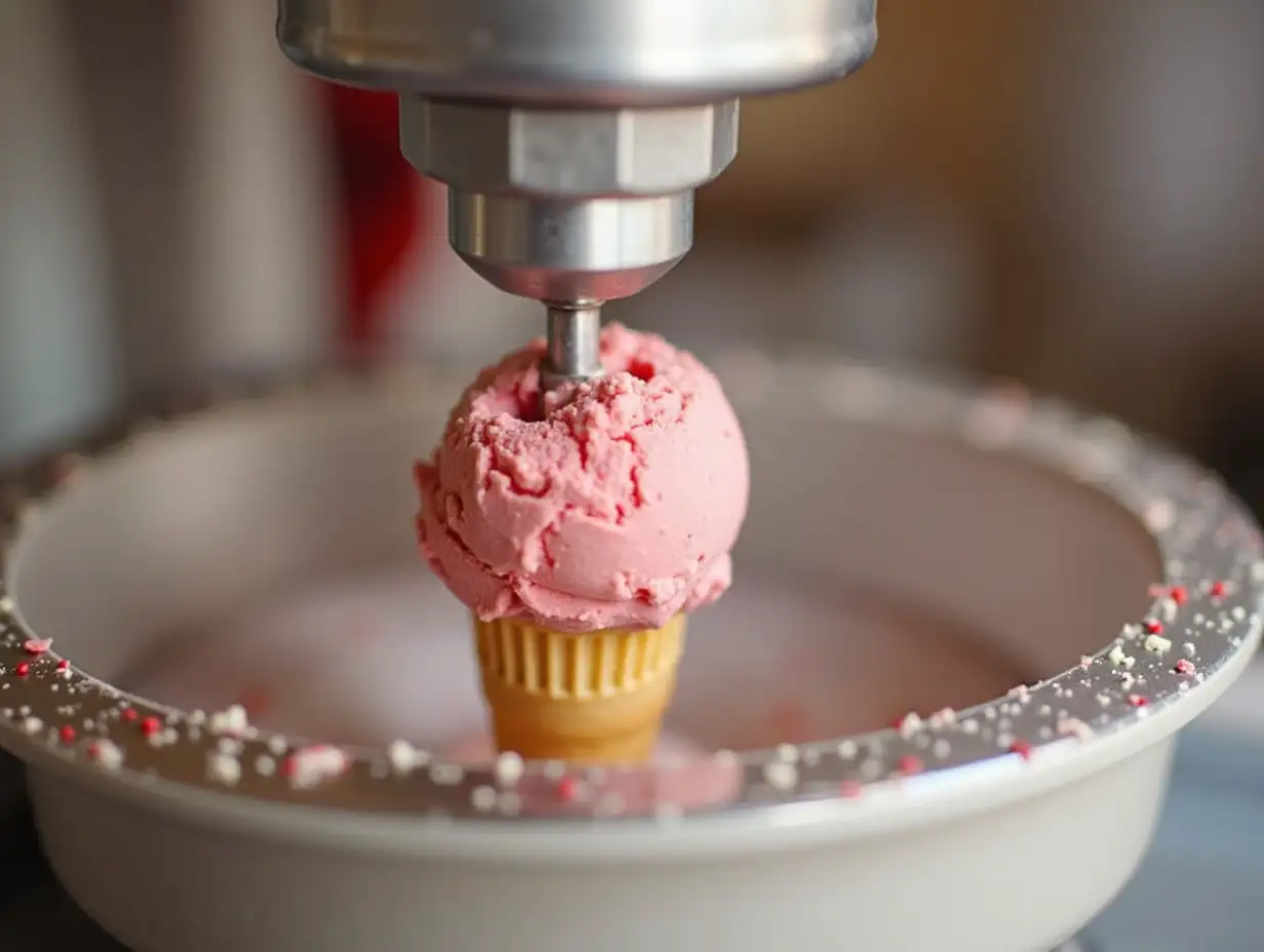 A rotating ice cream maker assembling a cone with strawberry ice cream