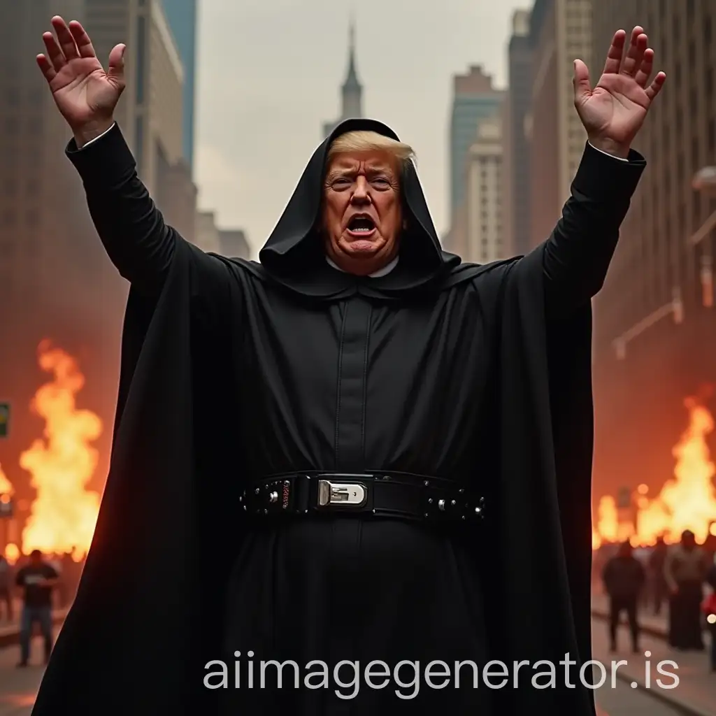 Emperor Palpatine with the wrinkled face full of rage of Donald Trump. He stands up, dressed in his black toga and with the hood down over his head triumphantly raising his arms obtaining full powers to reign as a tyrant over the galaxy. In the background you can see the Capitale on fire and riots in the streets