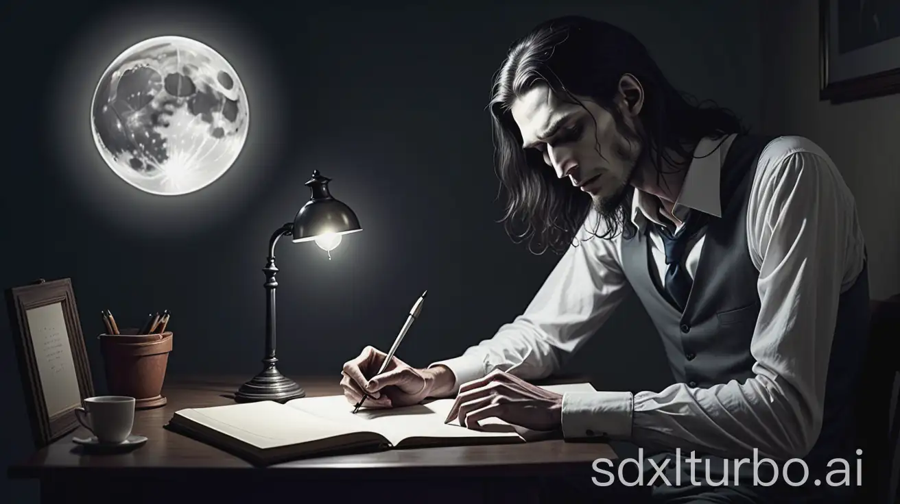 Late night, full moon shining, summer, furnished room, dark in the room, no light, at the table in the light of a table lamp sits a handsome slender man of 35 years old, dark long hair, he is a poet, inspiration has struck him and he is writing down another poem in his notebook at this late hour