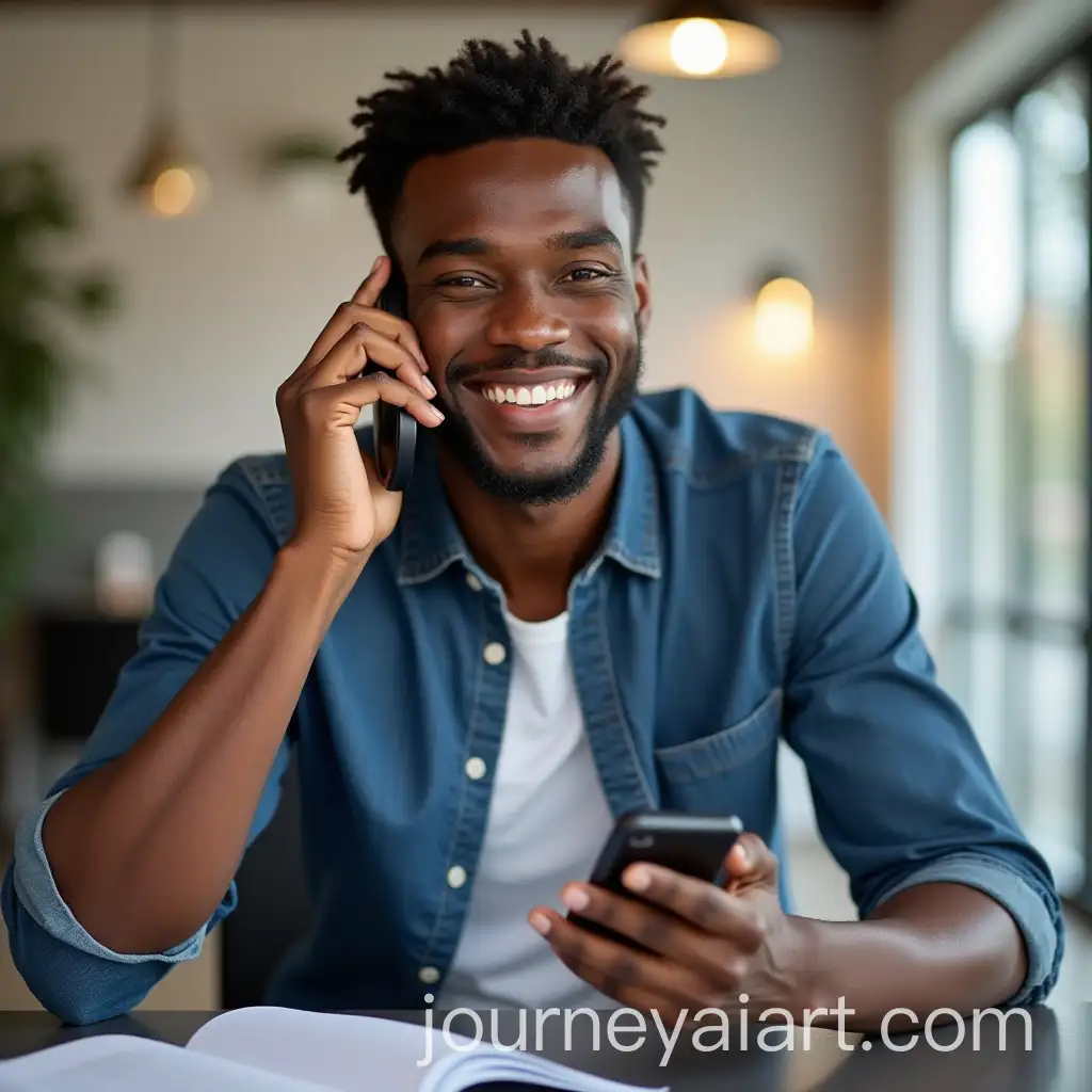 Smiling-Young-Black-Man-Holding-a-Phone-at-a-Modern-Desk