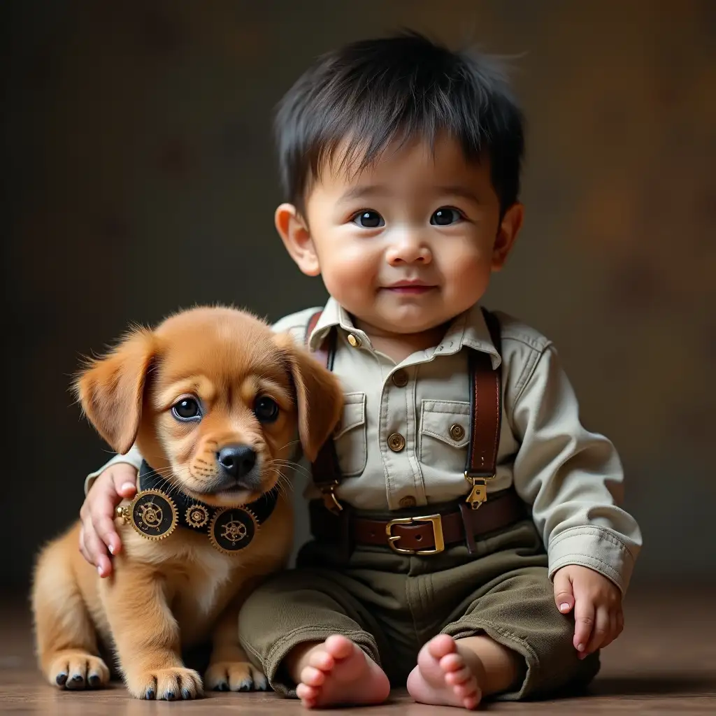 Lifelike Asian American Infant in Steampunk Outfit with Puppy