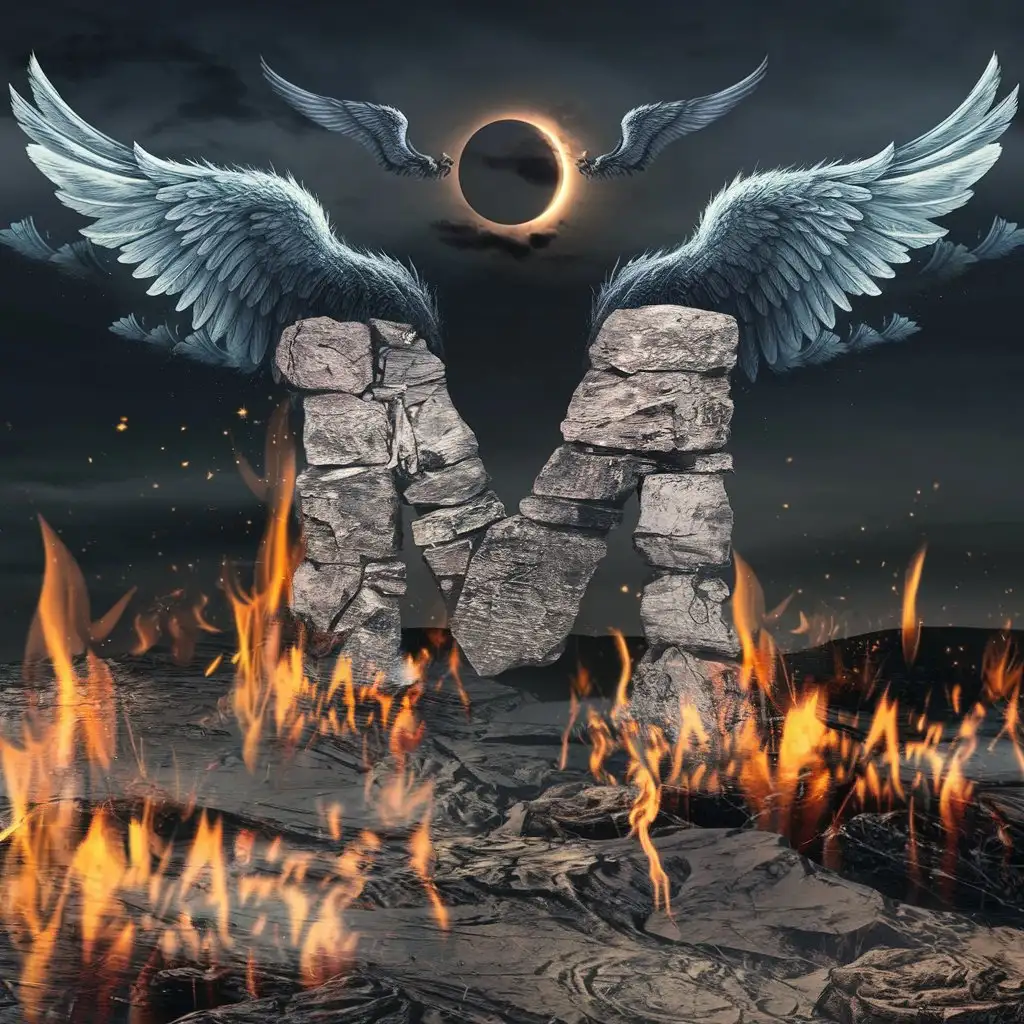 Symbolic M Amidst Fiery Ash with Angelic Wings and Lunar Eclipse