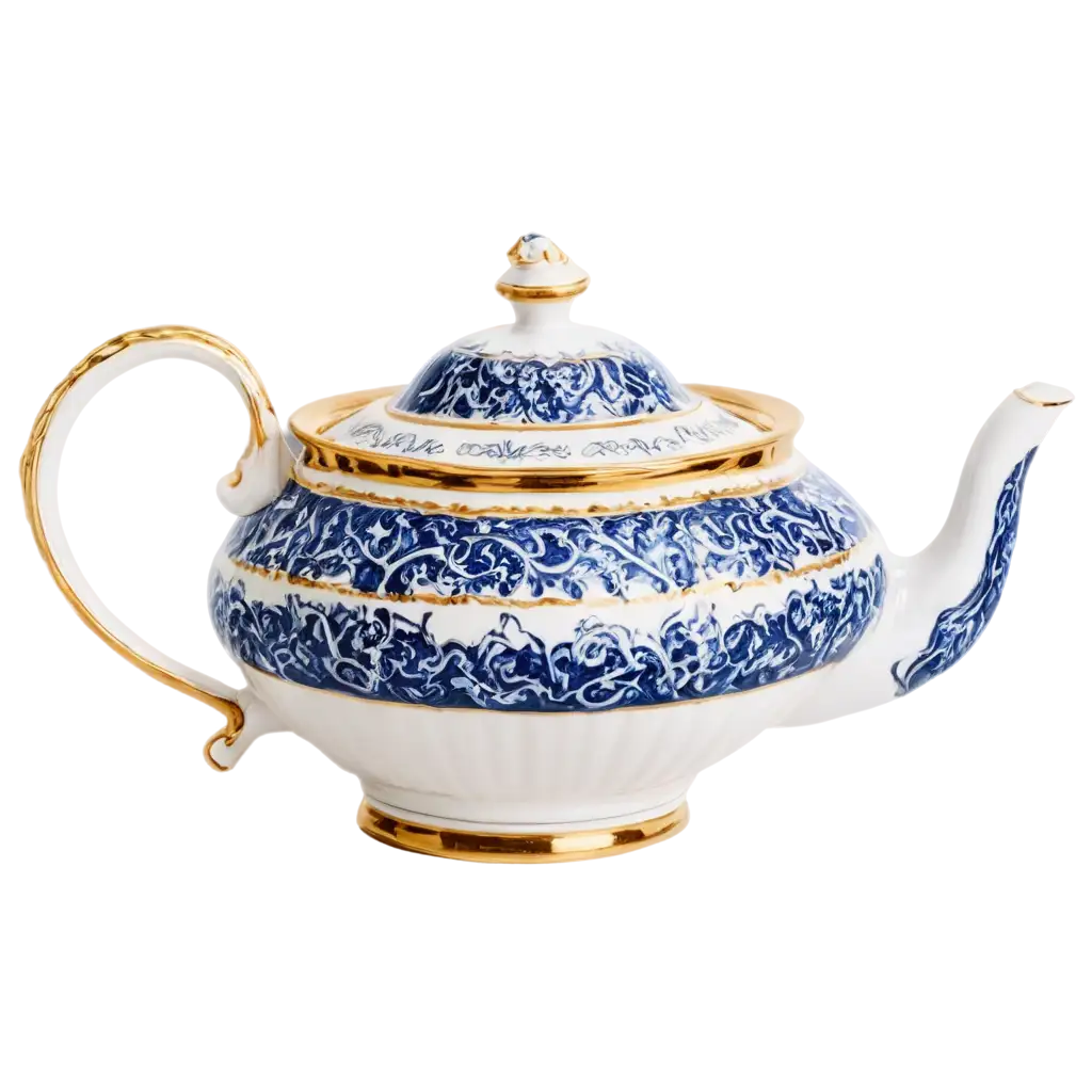 HighResolution-PNG-of-Ornate-Blue-and-White-Porcelain-Teapot-with-Gold-Trim-and-Floral-Design