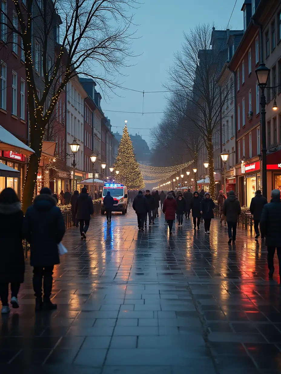 high resolution photo of a pedestrian zone in a city with many shops and people strolling around, dressed in winter clothes, it's cold, there is no snow, the lights and a Christmas tree indicate that we are in Advent time. additionally, for the safety of the population, barriers, bollards, are built up and police cars and policemen stand at the edge