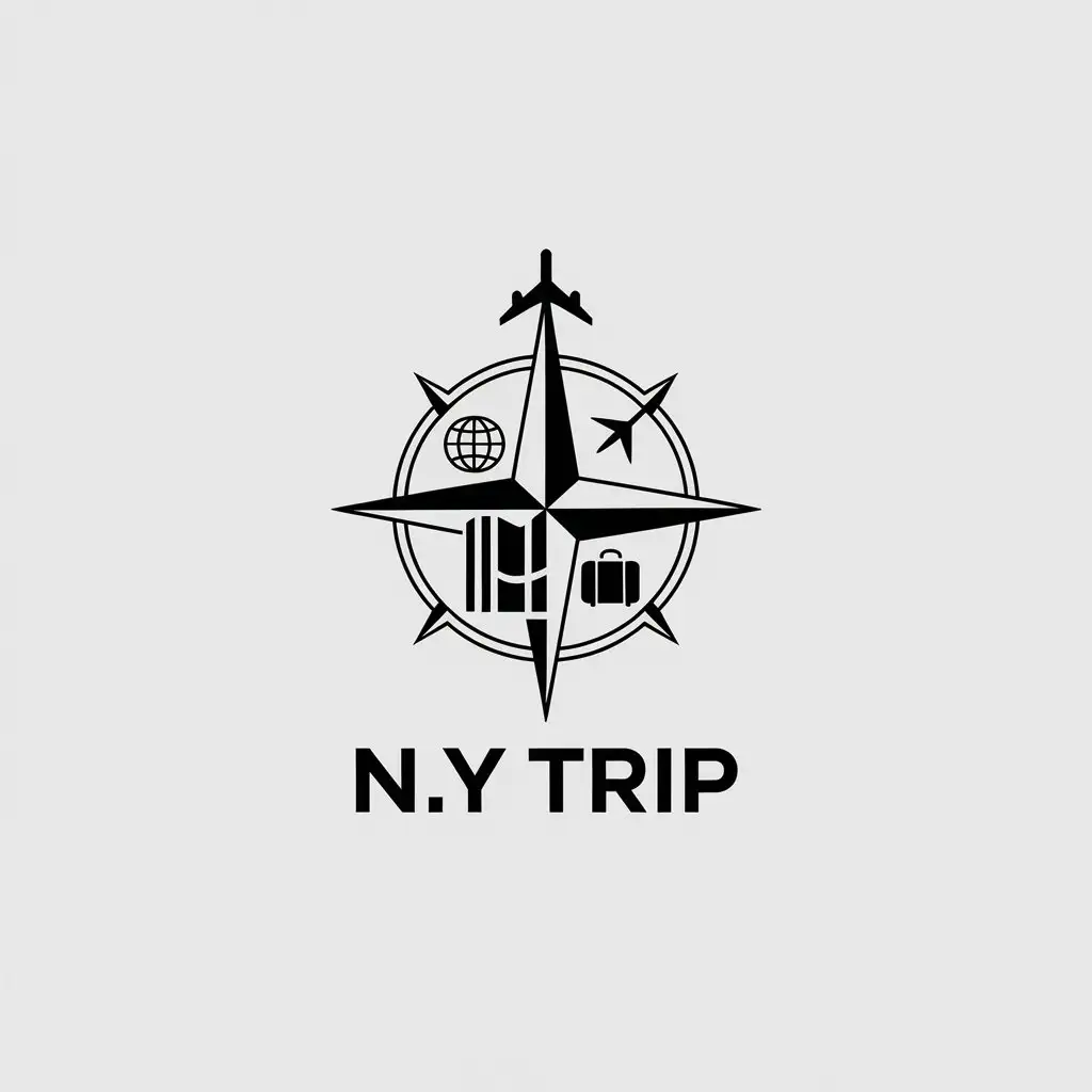 LOGO Design for NY Trip Airplane Compass Map Globe and Luggage Theme in Minimalistic Style for Travel Industry