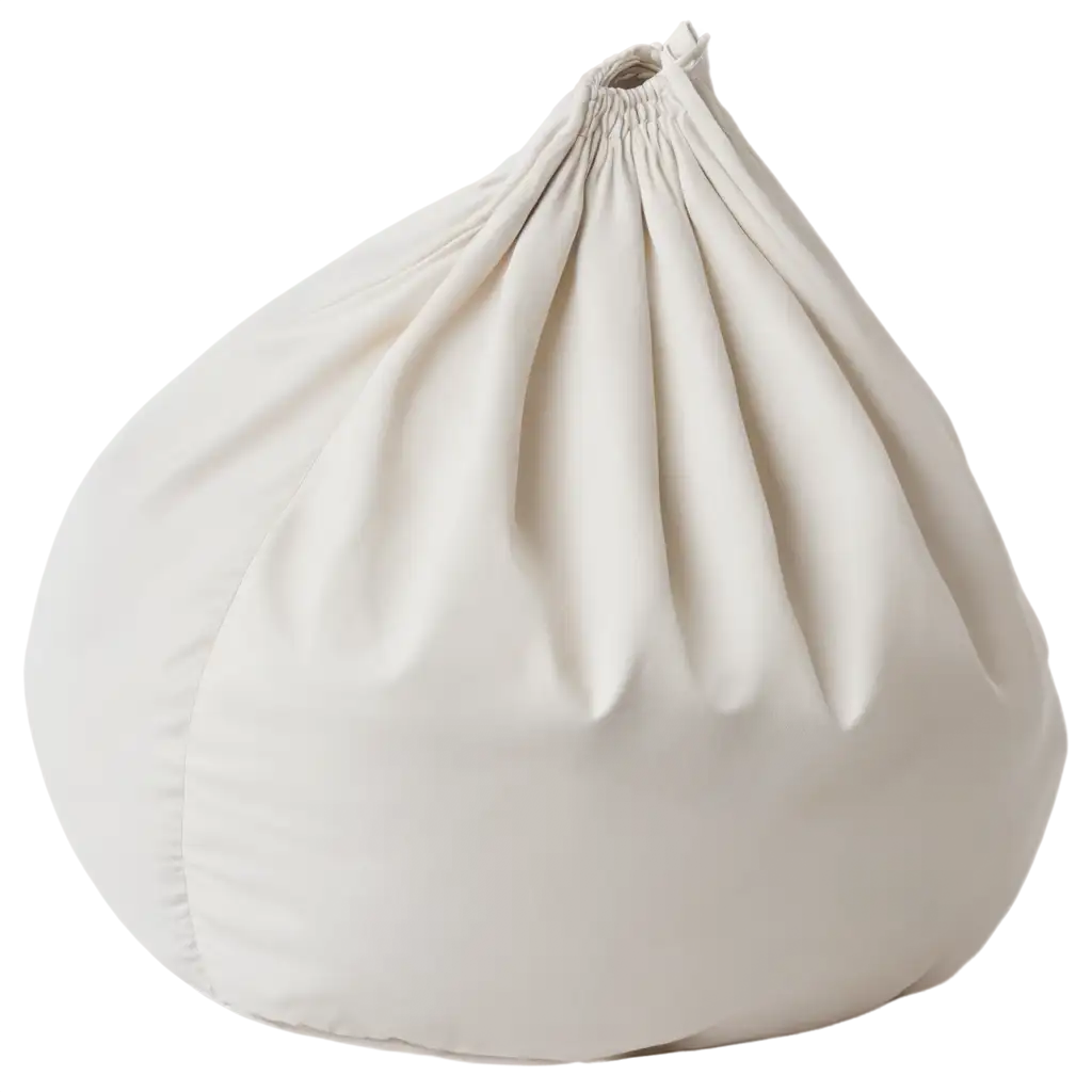 a white Pouf-bag (seat-bag) - a type of frameless furniture, which has a pear shape and is filled with granules made of polystyrene or other material.