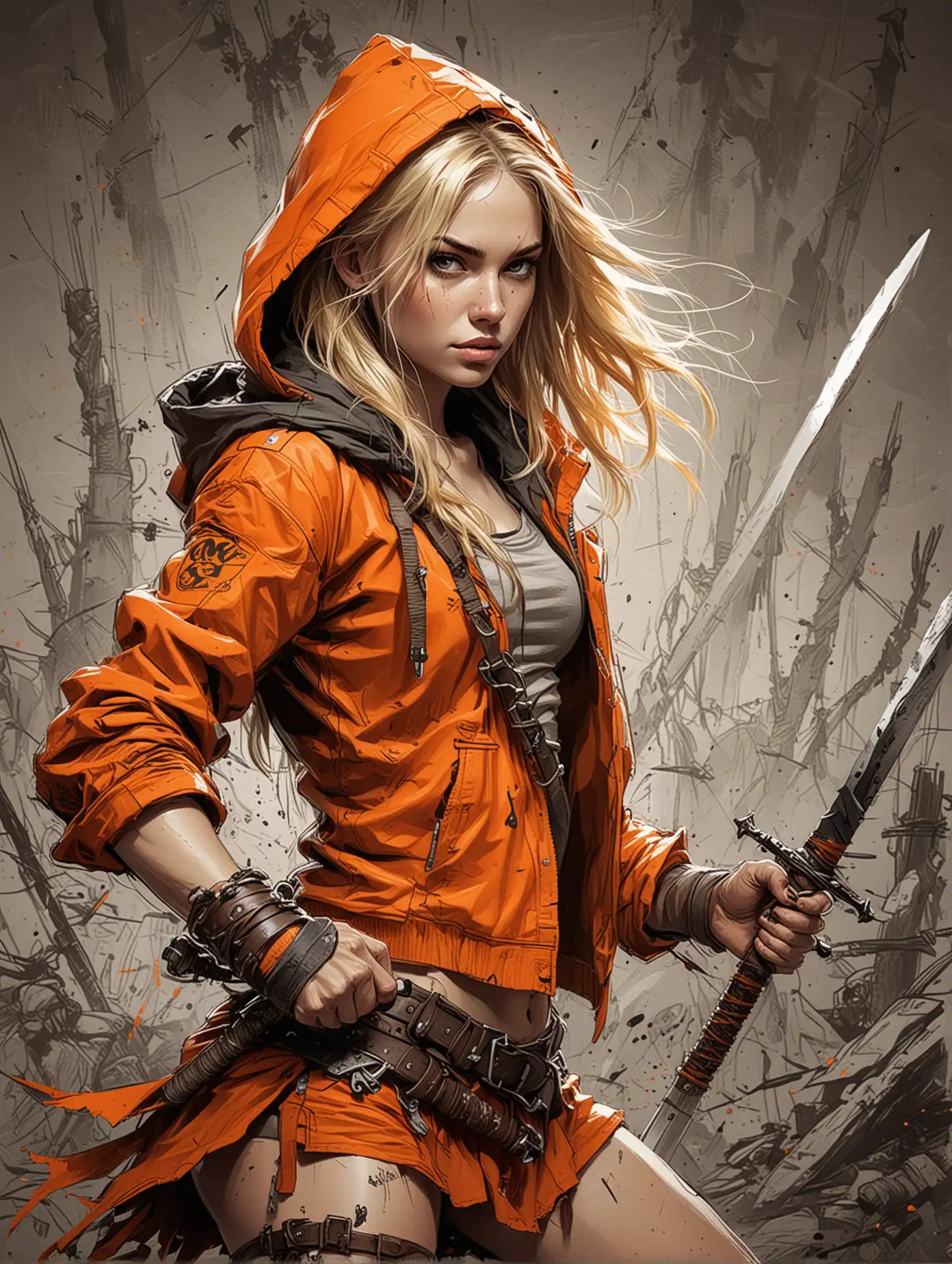 Whimsical style, Sketch of beauty blonde girl, wears barbarian war clothes with hoodie orange jacket completely with sword on hand, in dynamic battle pose, chaotic war zone background, colorful pen sketchy draw, hand drawn, dark, gritty, realistic sketch, rough sketch, mix of bold dark lines and loose lines, extremely detailed, masterpiece art