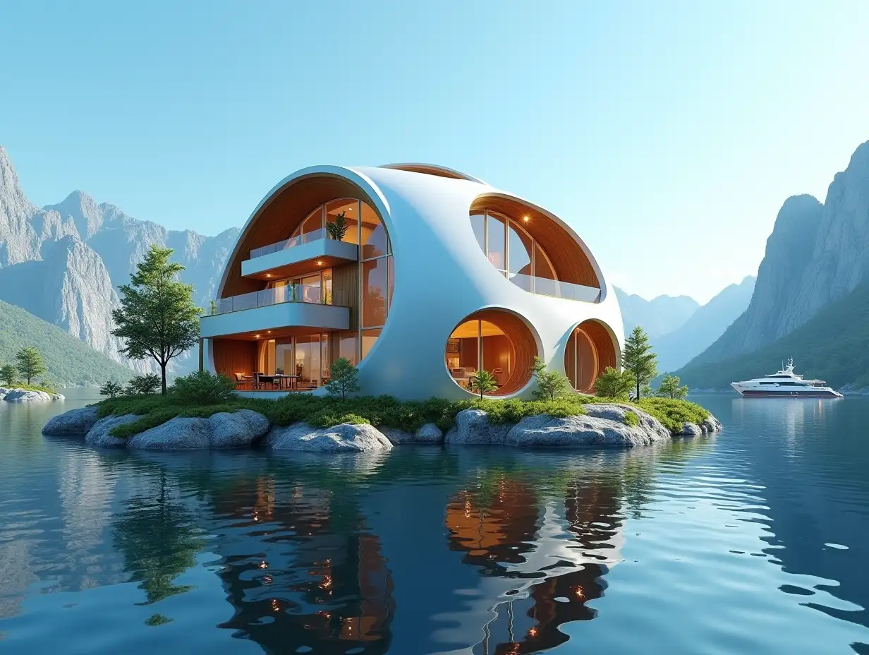 A futuristic multi-story house made of many holen lit glass balls and wood lies on the water,many plants and trees, blue sky, bright environment, mountains and a yacht in the background, vibrant 8k quality