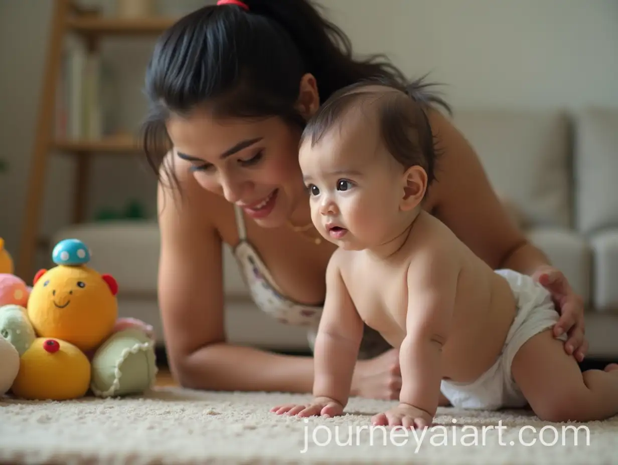 Baby-Boy-Crawling-with-Mom-in-Living-Room-Checking-Diaper-with-Baby-Toys