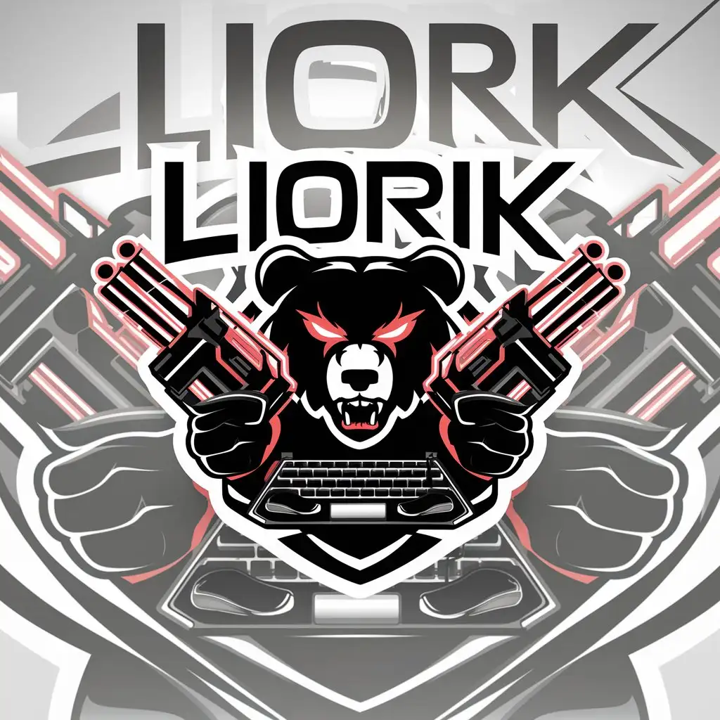 LOGO-Design-For-LIORIK-Bear-on-Neon-Phone-with-Machine-Guns-Keyboard-and-Mouse