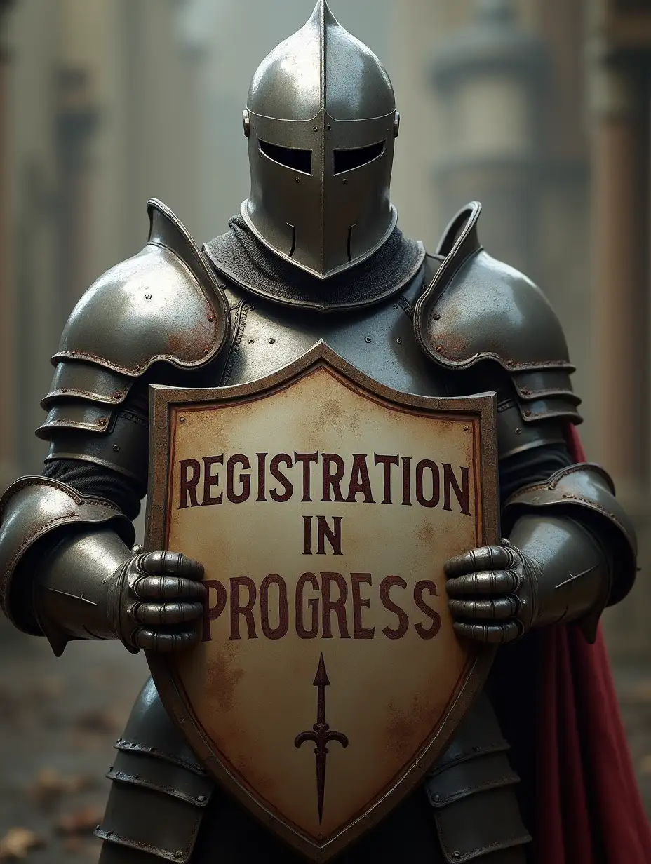 A knight in shining armor holds a shield with 'REGISTRATION IN PROGRESS' written on it